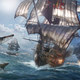 Several galleon ships engaged in naval combat.